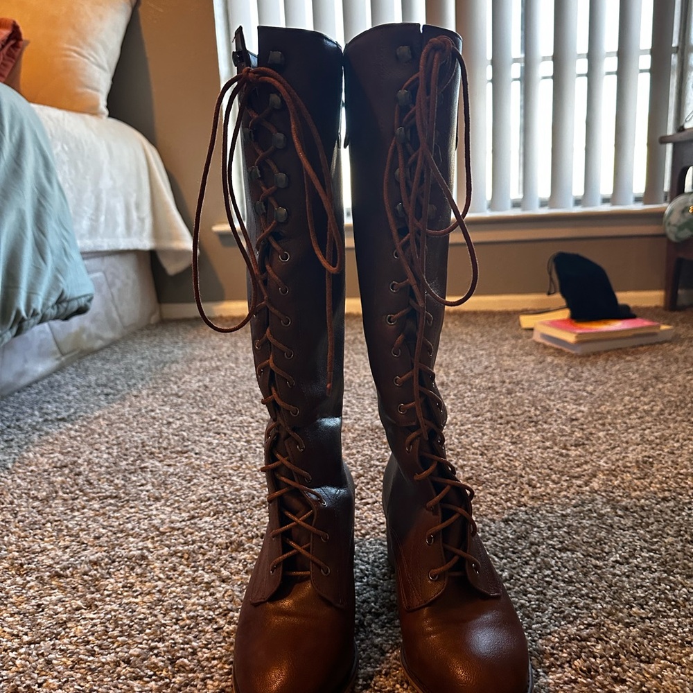 Brown Lace-Up Knee-High Boots